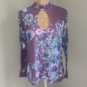 Women's Plum Floral Mock Neck Keyhole Long Sleeve Top